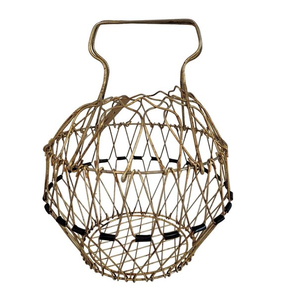 VINTAGE COLLAPSABLE WIRE EGG BASKET FRENCH COUNTRY PRIMITIVE Rare Style Stone Po - Picture 6 of 7